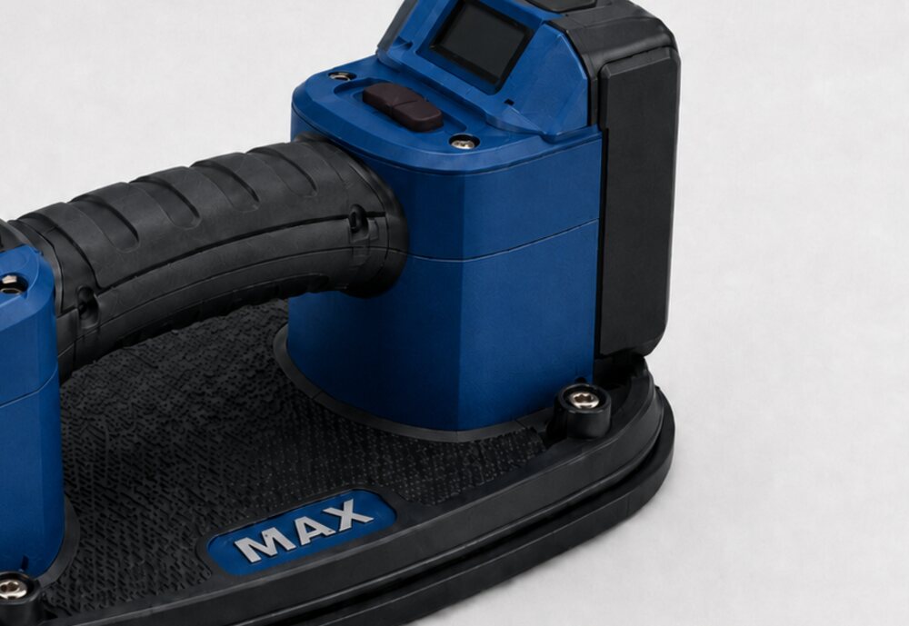 Close-up of the GRIPSTER MAX vacuum gripper head, digital display and ergonomic handle